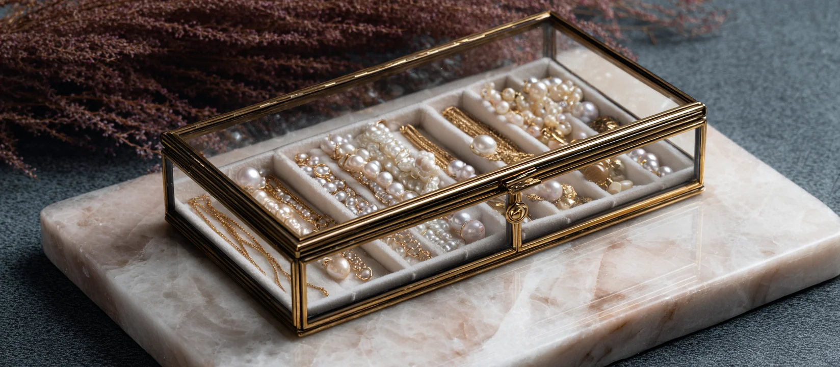 A clear top on this portable necklace storage case shows compartments for organized storage necklace and a designated space for a small ring box.